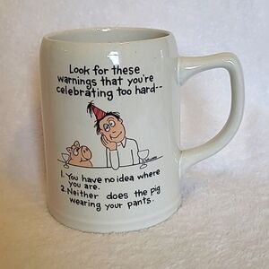 Shoebox greetings Ceramic mug pig & man celebrating hard Humor vintage